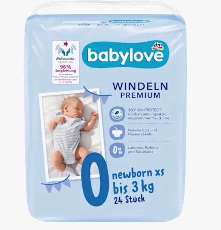 Pieluszki Premium dla noworodka, rozmiar 0, XS, do 3 kg, 24 szt. babylove